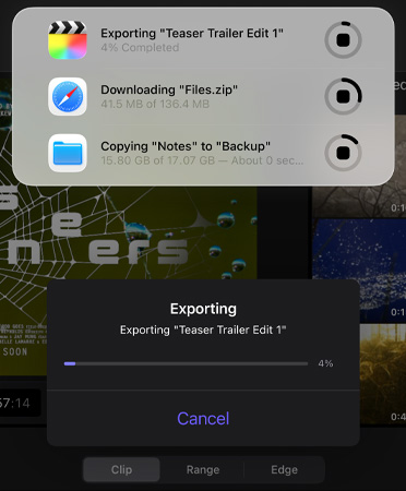 A list of Live Activities in progress and running simultaneously, list includes exporting a trailer, downloading large files, and moving “Notes” to “Backup”