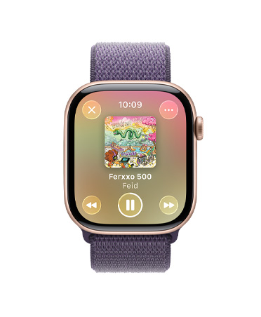 Apple Watch Series 11, color oro rosa, caja de aluminio, controles de Apple Music, playlist de entrenamiento, parte lateral derecha, Digital Crown, correa, loop deportiva morado niebla