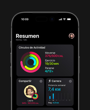 iPhone 17, resumen de Fitness, círculos de Actividad, métricas de Moverse, Ejercicio y Pararse, Compartir Actividad con otras personas, estadísticas de Carrera semanales, Carga de Entrenamiento