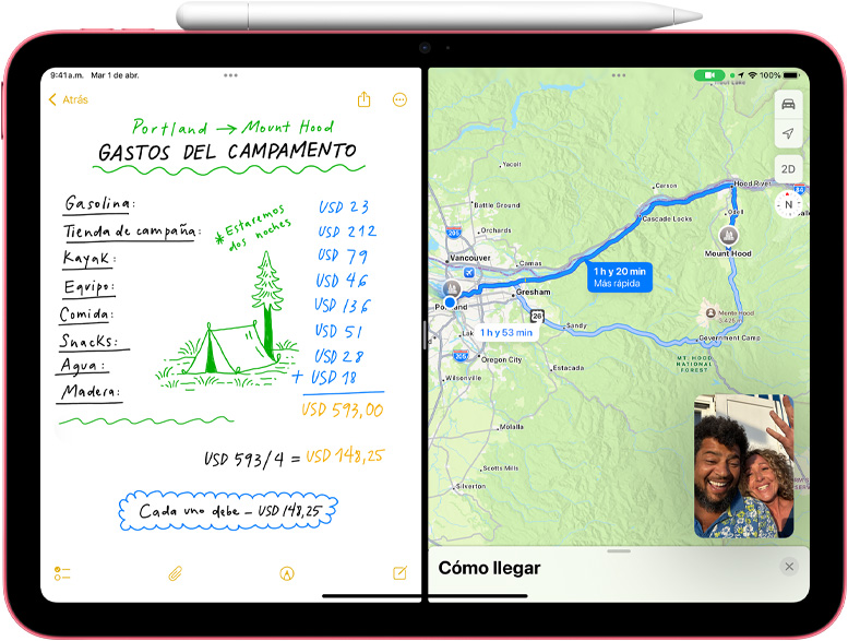 Una Nota Matemática en Mapas junto a una llamada de FaceTime en el modo imagen dentro de imagen en un iPad.