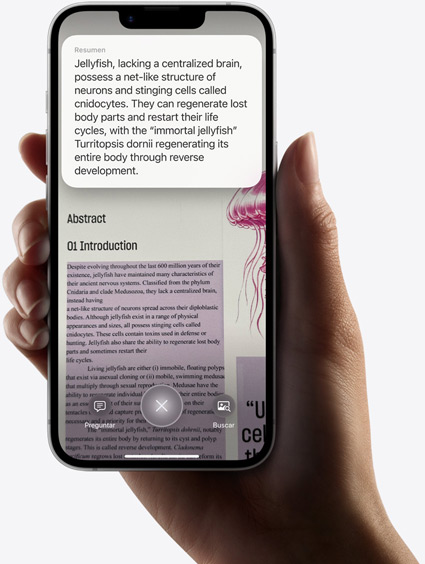 Una mano sujeta un iPhone 16e que muestra los resultados de una búsqueda con inteligencia visual.