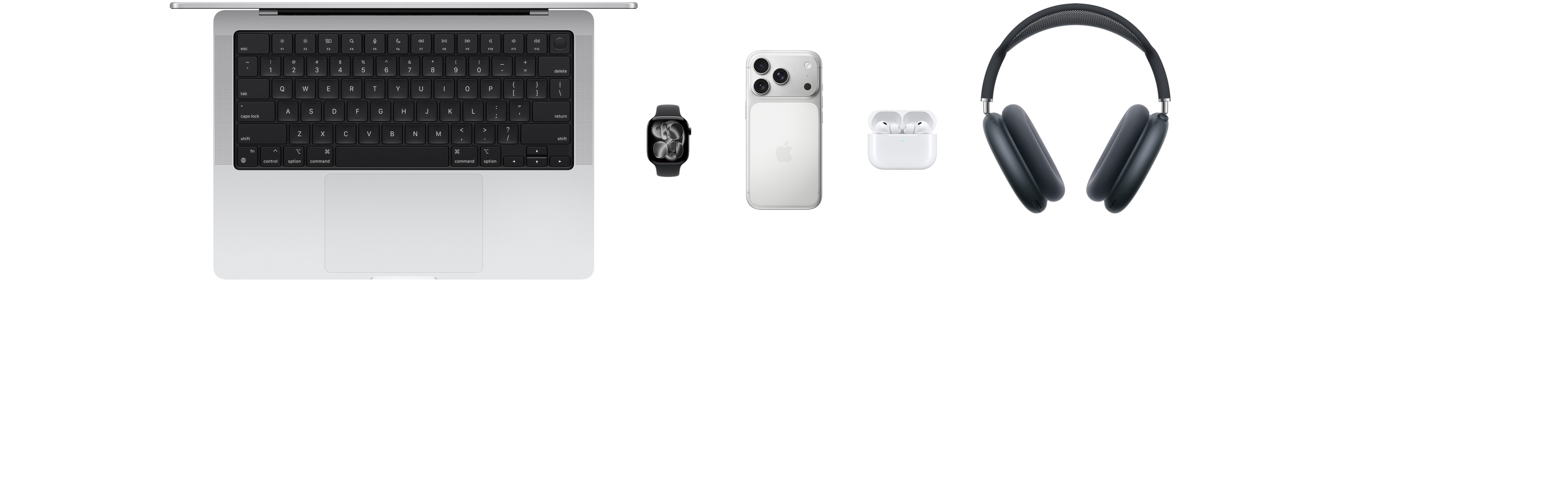 Diverse Apple-produkter, inkludert en MacBook, en Apple Watch Series 11, en iPhone 17 Pro, AirPods Pro 3, AirPods Max
