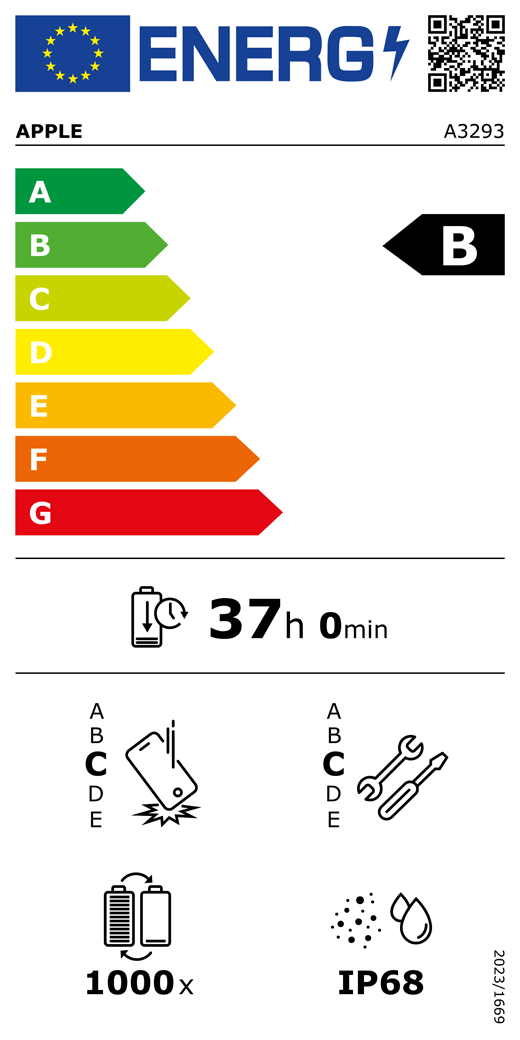 EU Energy Label QR code and information, Apple model A3293, class B, energy efficiency classes (with a scale from A to G), A (most efficient) to G (least efficient), battery endurance per cycle, 37 hours and 0 minutes per full battery charge, repeated free fall reliability class C, A (most robust) to E (least robust), repairability class C, A (most repairable) to E (least repairable), 1000 battery endurance in cycles, dust and water ingress protection (IP) rating IP68, regulation 2023/1669.