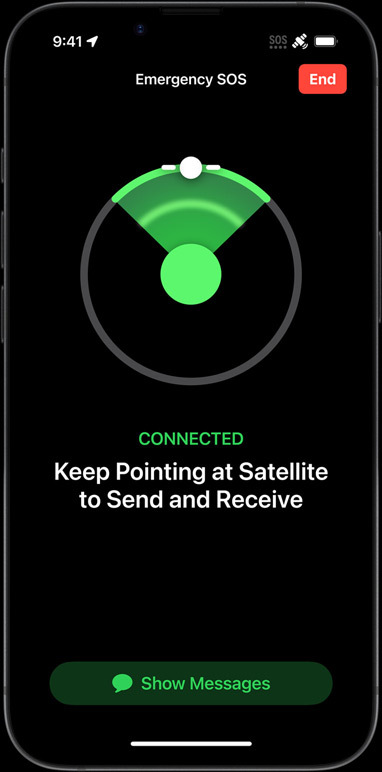iPhone 16e showing connectivity features like Messages via Satellite, Find My, Roadside Assistance, and Emergency SOS.