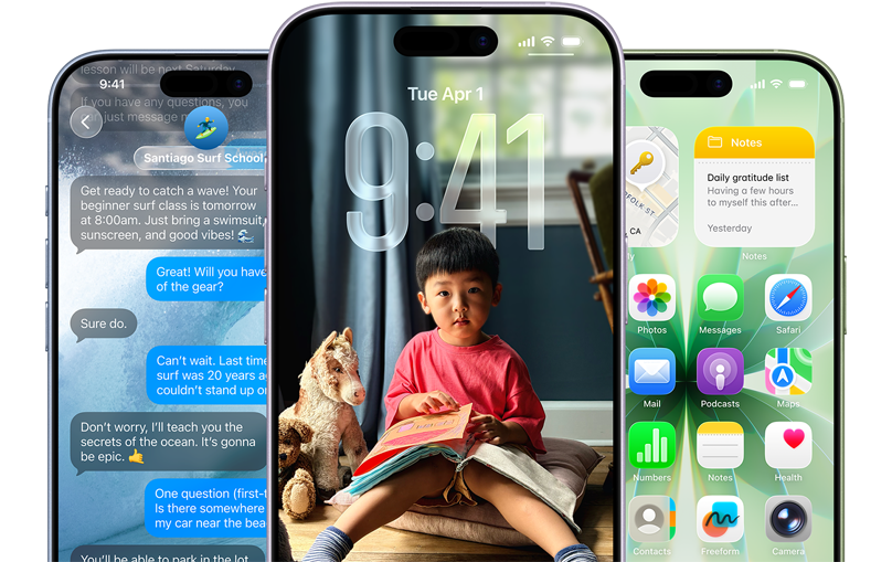 iPhone 17 devices, front exterior, colours: mist blue, lavender, sage, iOS features - background with messages, Liquid Glass showing the Lock Screen and Home Screen with various apps displayed