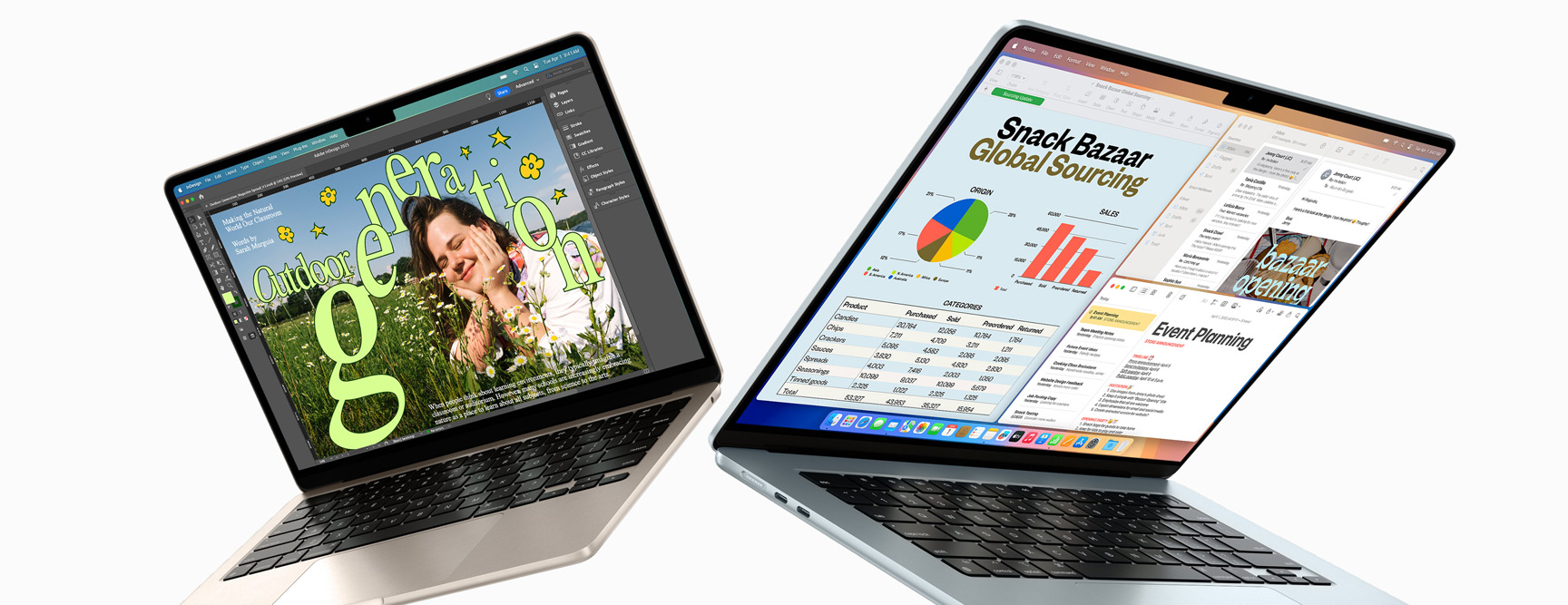Partially open 13-inch and 15-inch MacBook Air — one screen shows design work in progress, the other shows multitasking across email and spreadsheets