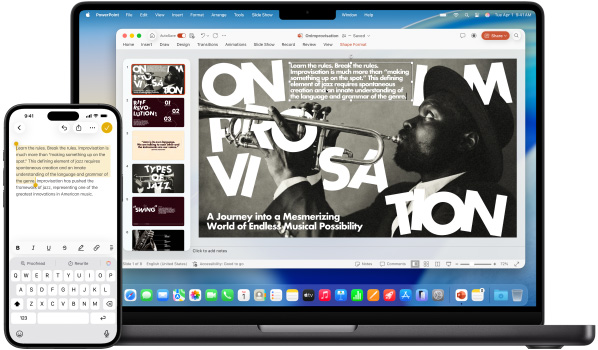 iPhone using Universal Clipboard to copy and paste highlighted text into a Microsoft PowerPoint presentation on MacBook Pro 14 inch.