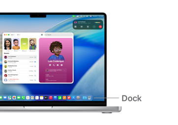 Un tour della navigazione in macOS su un MacBook Pro 14 pollici, con le linee che indicano la posizione del Dock.