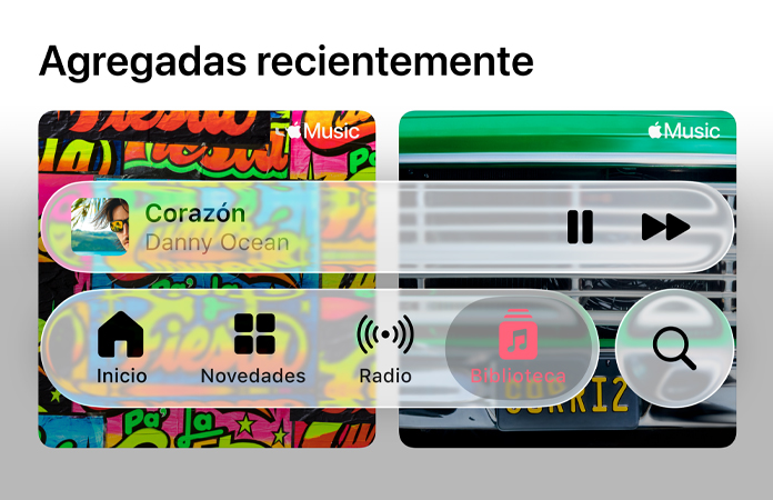 Controles translúcidos en Apple Music que refractan el fondo
