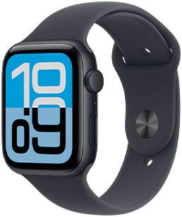 Apple Watch SE 3، إطار ألومنيوم، لون سماء الليل، واجهة "التدفق"، الجزء الخارجي الأيمن، التاج الرقمي، ميكروفون، زر جانبي، حزام رياضي بلون سماء الليل، نظام إغلاق بإبزيم ومشبك بلون فضي