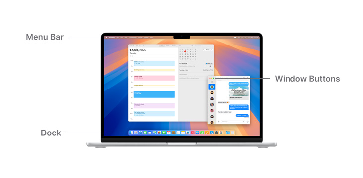 A tour of macOS navigation, like the Menu Bar at the top of the MacBook device display screen, Window Buttons and Dock.