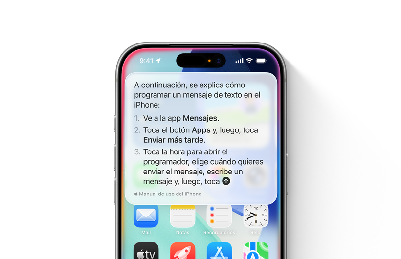Se muestra un iPhone con indicaciones paso a paso sobre cómo programar un mensaje de texto para enviarlo más tarde