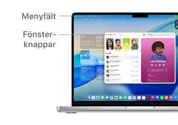 En visning av macOS-navigering, som menyfältet längst upp på MacBook-enhetens skärm och Dock.