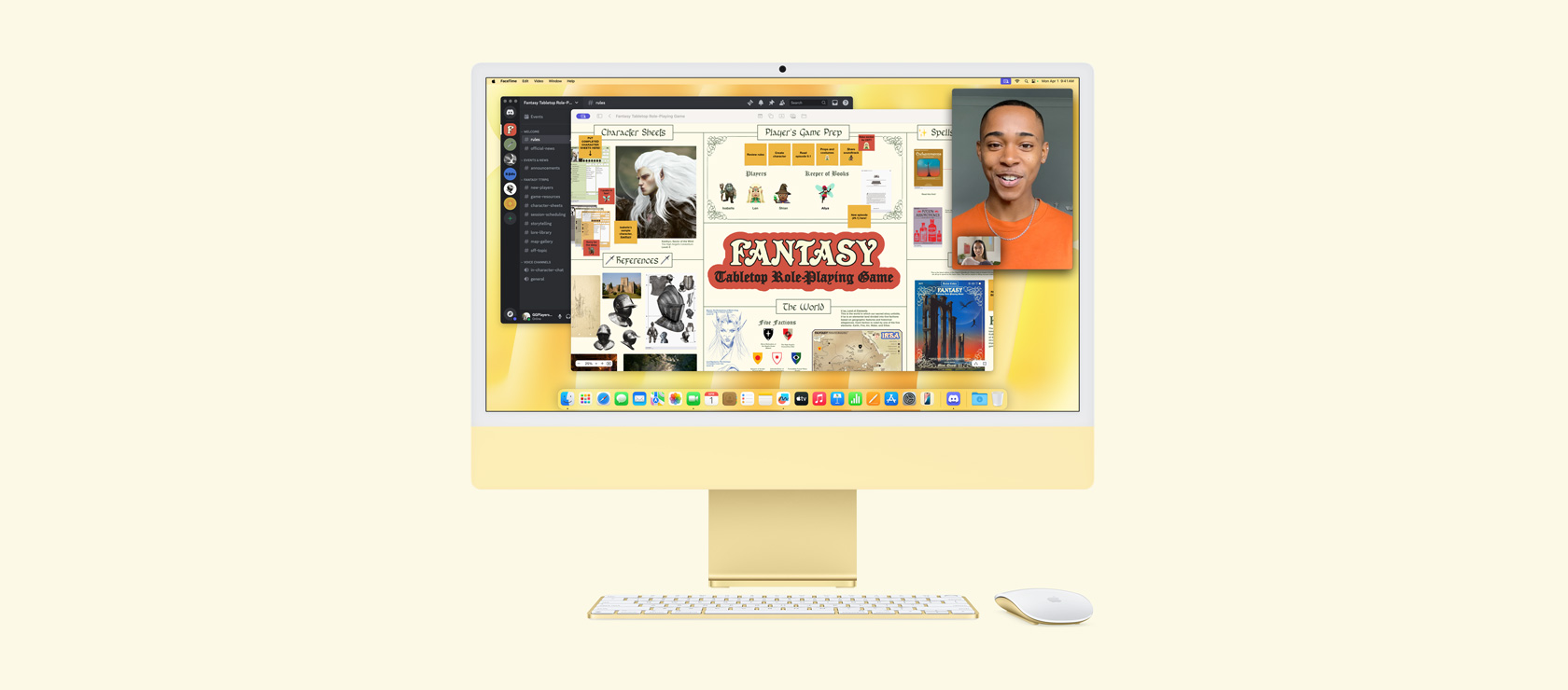 黃色 iMac。螢幕顯示在玩 Fantasy 桌上角色扮演遊戲時,同時使用無邊記、Discord 和 FaceTime app