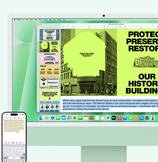 綠色 iMac 與 iPhone 並排展示。複製 iPhone 備忘稿 app 中的文字後,貼到 iMac 上
