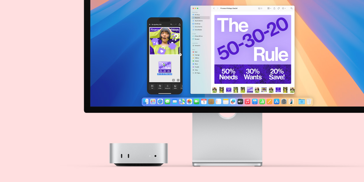 銀色 Mac mini 的正面,展示正面連接埠與指示燈;Mac mini 擺放在 Mac 顯示器下方,螢幕上呈現色彩繽紛的畫面以及 Dock 中的多款 app 圖像