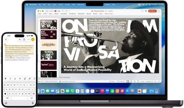 利用通用剪貼板,將 iPhone 上的反白文字拷貝到 14 吋 MacBook Pro 上的 Microsoft PowerPoint 簡報中。