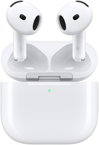 Căștile AirPods 4 ieșind dintr-o carcasă de încărcare  deschisă.