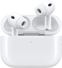 Hvite, trådløse AirPods Pro 3-øretelefoner med silikonplugger der innsiden av stilkene viser bokstavene L og R, vises i et åpent MagSafe-ladeetui (USB-C) med avrundede hjørner og LED-strømindikator