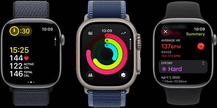 Drei Apple Watch Geräte mit Trainingsdaten, Aktivitätsringen und Einblicken nach dem Training auf den Displays