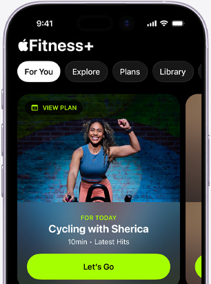 Die Apple Fitness+ App auf einem iPhone zeigt den Tab «Für dich» mit einem empfohlenen Radtraining