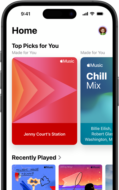 Fanen Hjem i Apple Music på iPhone med karussellen Udvalgt specielt til dig viser Jenny Courts personligt tilpassede stationer og playlister