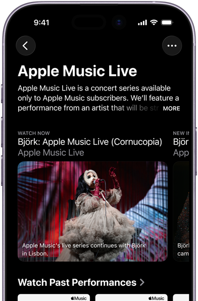 Apple Music Live screen on iPhone showing Watch Now and past performances