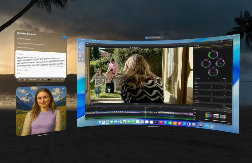 Multiple app windows displayed in an Environment, including Mail, Image Playground and Mac Virtual Display