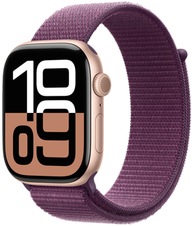 An Apple Watch Series 10 above swatches of the available finishes: Jet Black aluminum, Silver aluminum, Rose Gold aluminum, Natural titanium, Slate titanium, and Gold titanium.