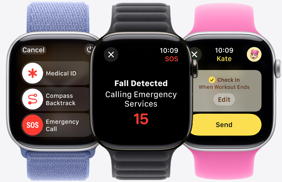 The emergency call slider being displayed along with the Medical ID and Compass Backtrack sliders on an Apple Watch Series 10. A fall being detected on an Apple Watch Series 10. A Check In about to be sent to someone on an Apple Watch Series 10.