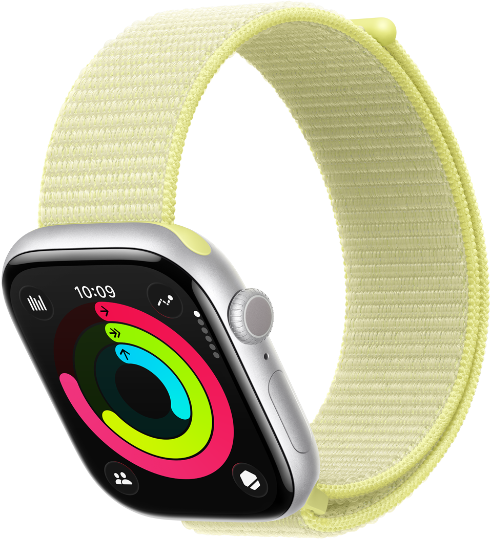 Apple Watch Series 11, color plata, caja de aluminio, círculos de Actividad: Moverse, Ejercicio, Pararse, parte lateral derecha, Digital Crown, botón lateral, micrófono, correa, loop deportiva amarillo neón