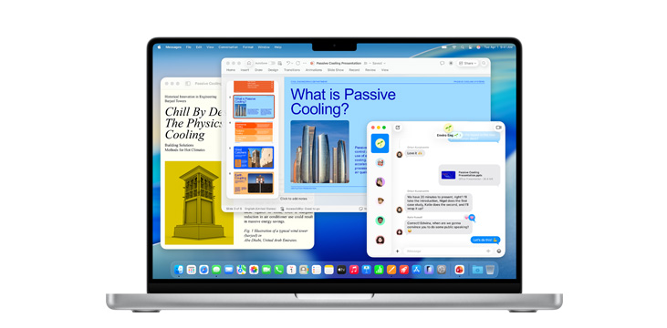 MacBook Pro 14에서 Microsoft PowerPoint, 메시지, Pages 등을 실행하는 모습