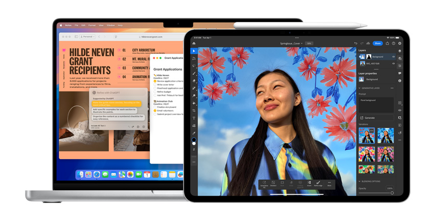 Ein MacBook und ein iPad zeigen Apps mit KI Integrationen an