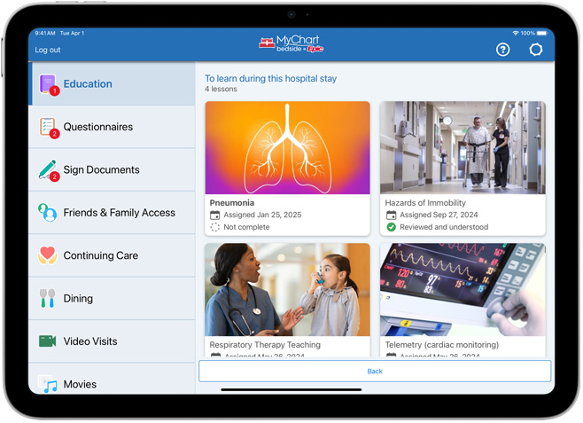 Epic MyChart Bedsideが表示されている画面
