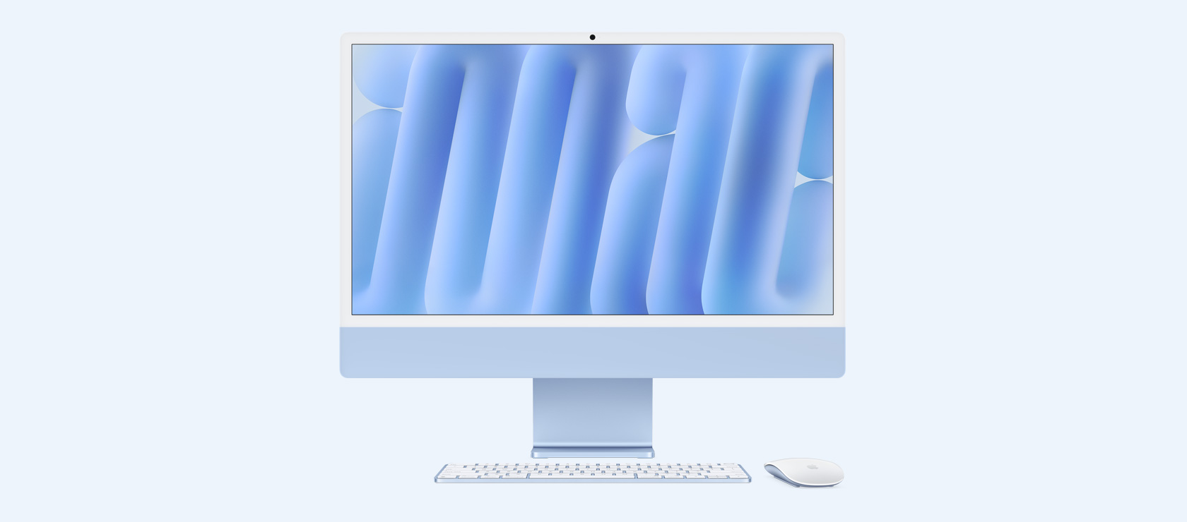 藍色 iMac 正面圖,展示同色系的滑鼠與鍵盤
