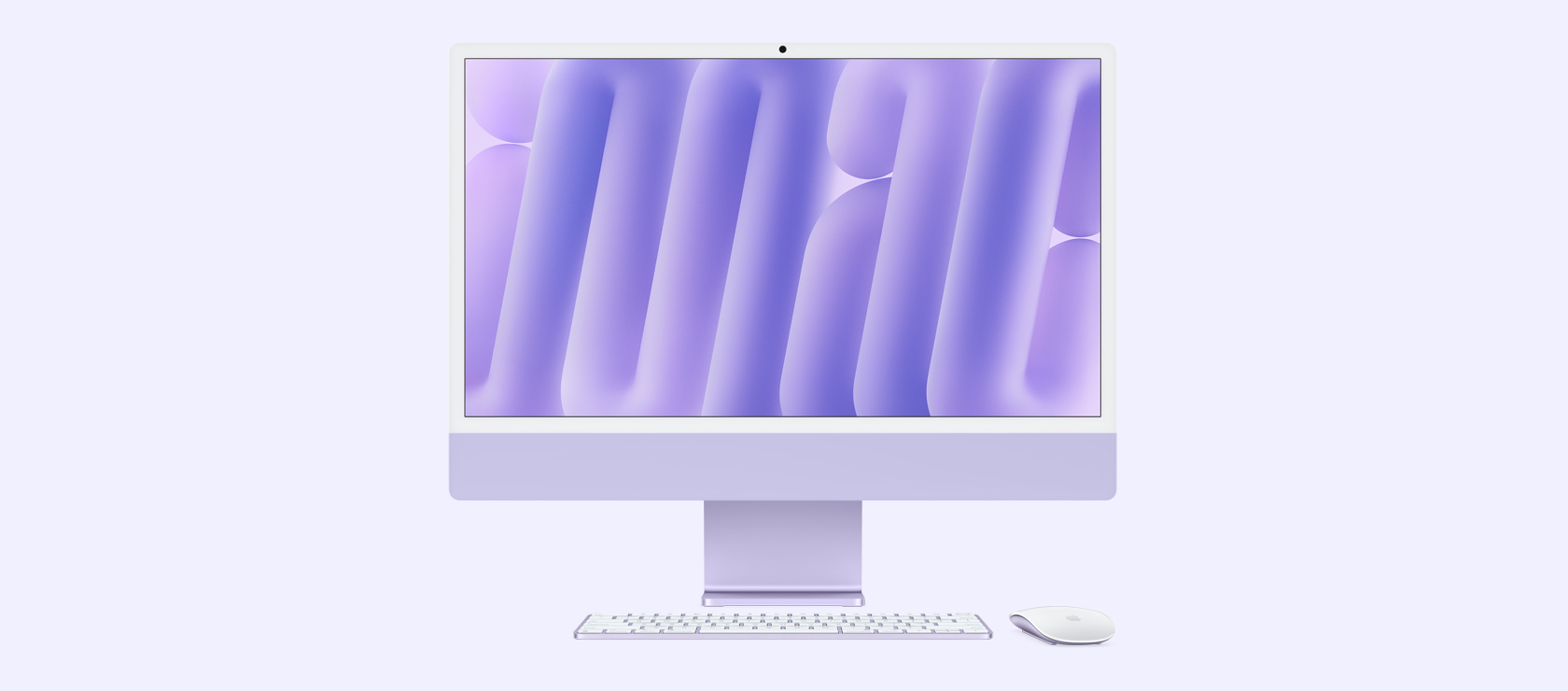 紫色 iMac 正面圖,展示同色系的滑鼠與鍵盤