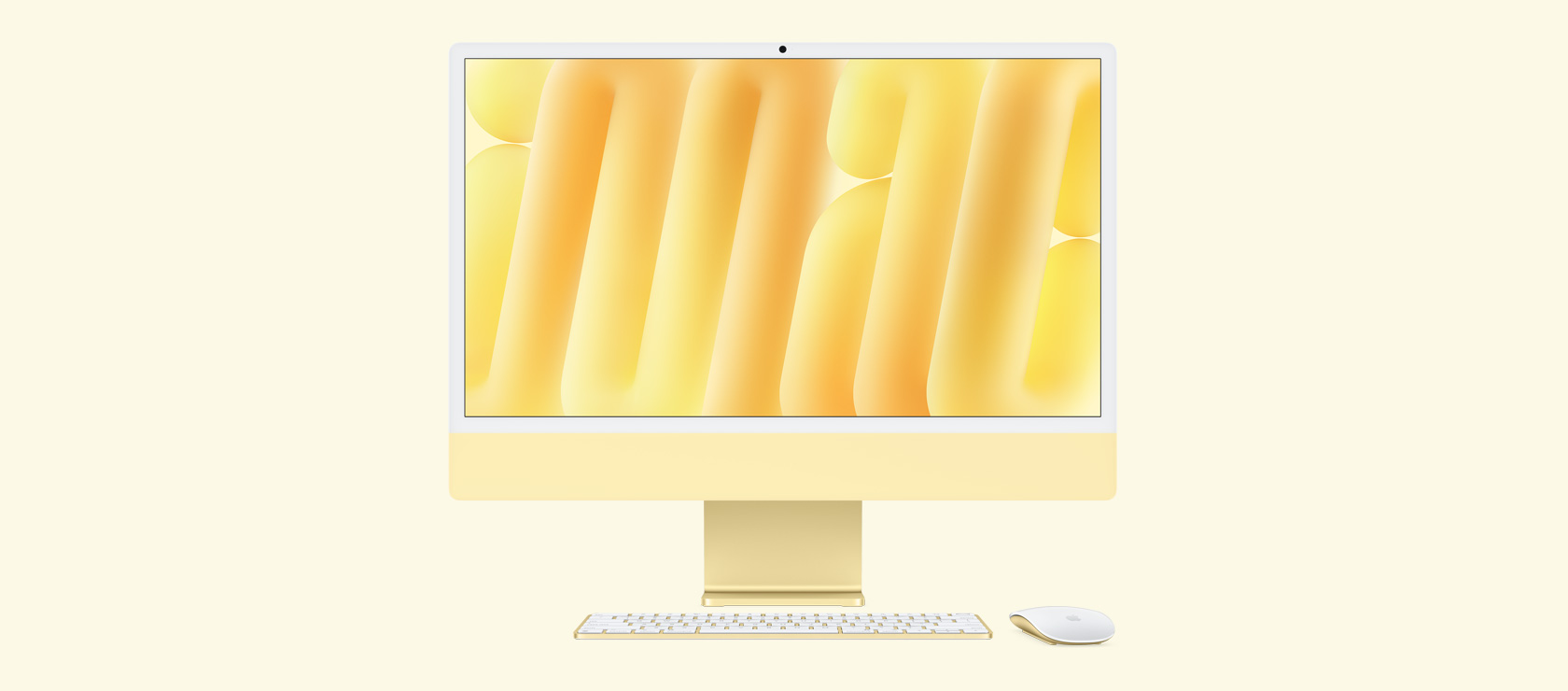 黃色 iMac 正面圖,展示同色系的滑鼠與鍵盤