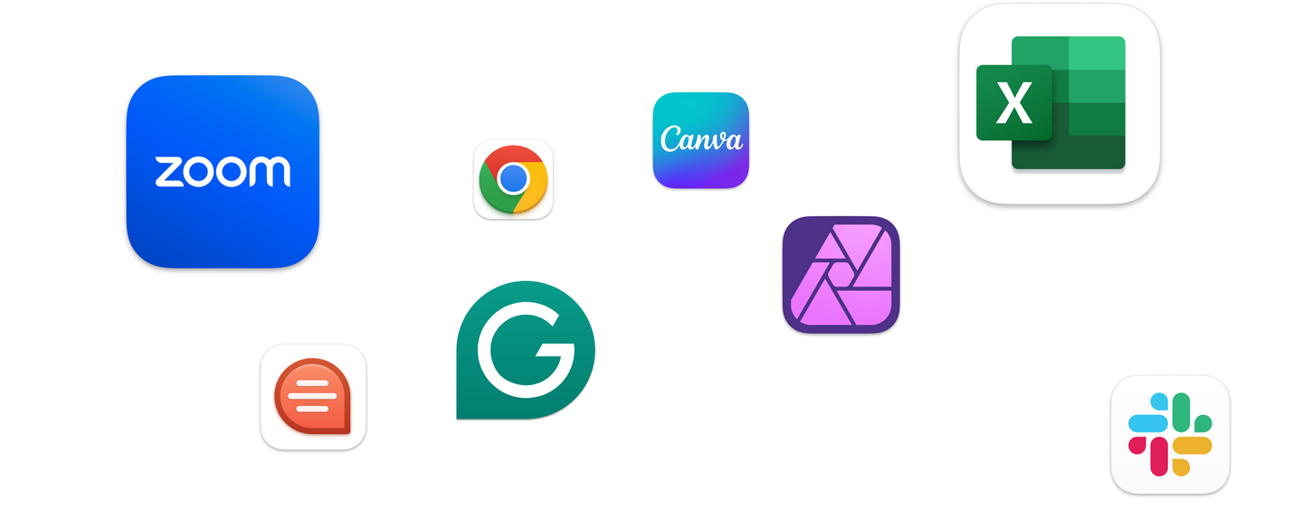 各種 app 圖像漂浮在螢幕上,包括 Zoom、Canva、Microsoft Excel 和 Adobe Photoshop