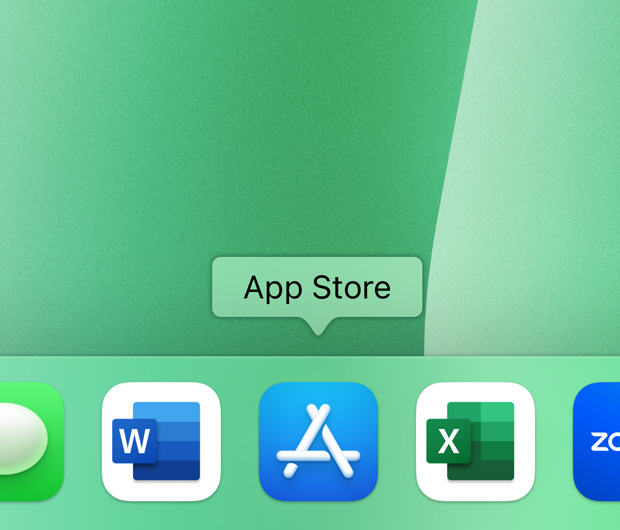 iMac Dock 展示多種 app 圖像:聯絡人、Microsoft Word、App Store、Microsoft Excel 和 Zoom