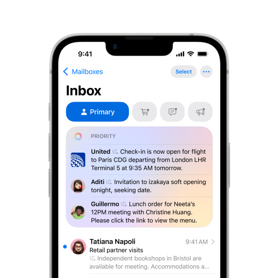 Partial view of iPhone 16e screen showing Priority messages in Mail.