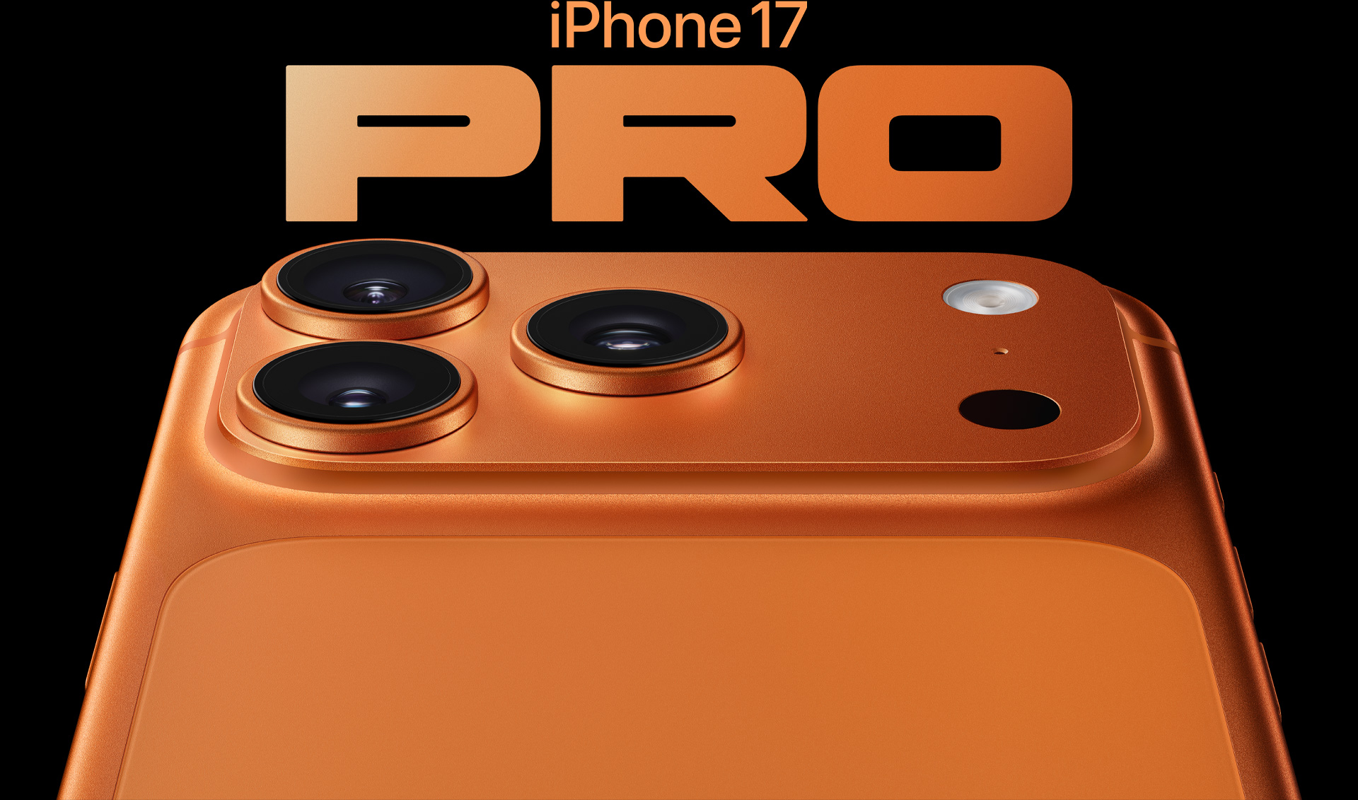 宇宙橙色 iPhone 17 Pro 機背的局部外觀，展示 Pro 融合相機系統，3 個鏡頭在左上角，還配備咪高風和閃光燈
