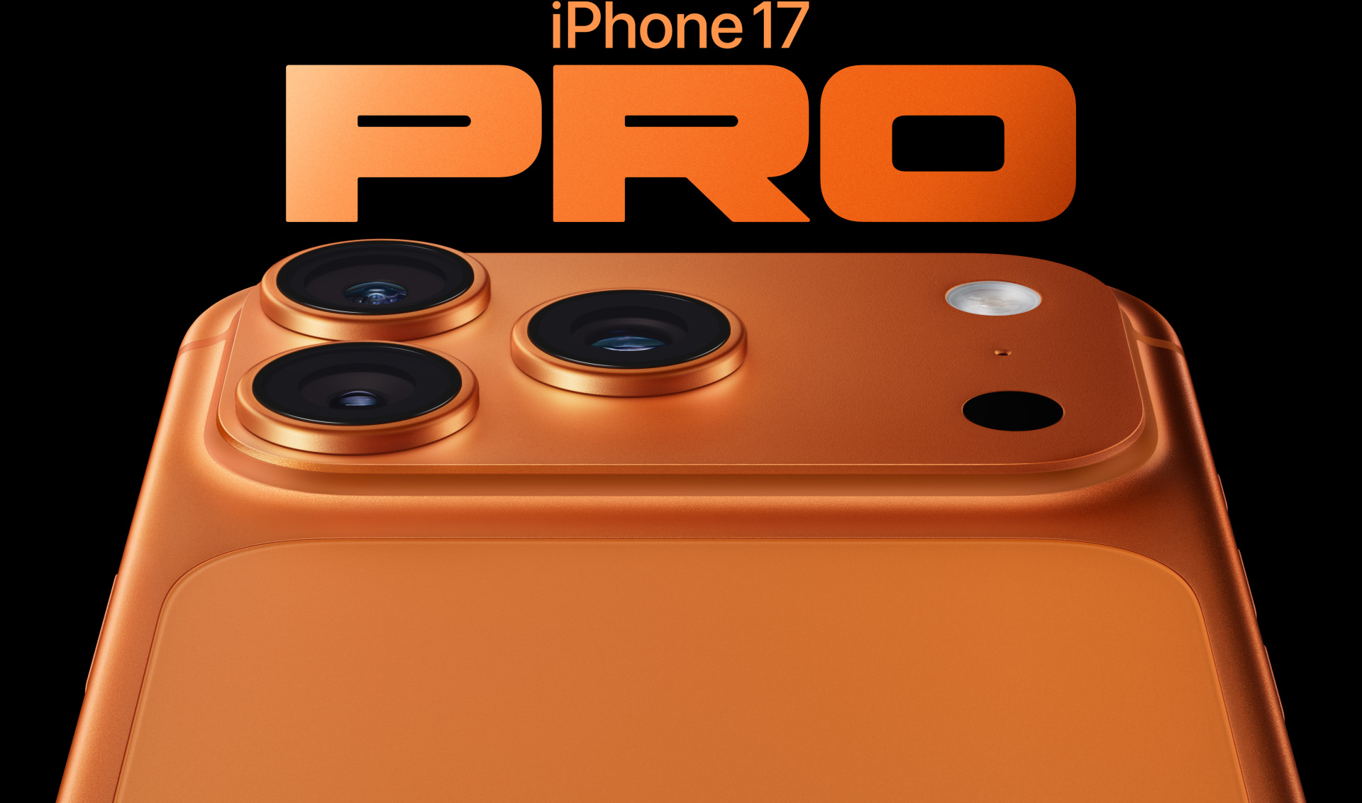 宇宙橙色 iPhone 17 Pro 機背的局部外觀，展示 Pro 融合相機系統，3 個鏡頭在左上角，還配備咪高風和閃光燈