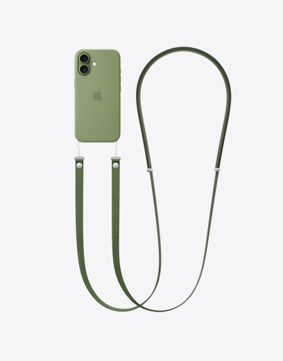 جهاز iPhone 17، الجزء الخارجي الخلفي، إطار حماية بلون أخضر رمادي مثبت عليه حزام كتف بلون أصفر نيون