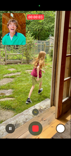 iPhone 17 screen using front and rear camera dual capture video of young girl running while man watches