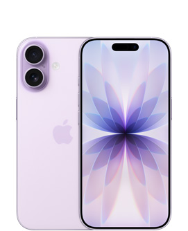 جهاز iPhone 17، الجزء الخلفي الخارجي، لون ليلكي ناعم، نظام كاميرا Fusion مزدوجة في أعلى اليسار، شعار Apple في الوسط، الجزء الأمامي الخارجي، لون ليلكي ناعم، Dynamic Island في الوسط أعلى الشاشة