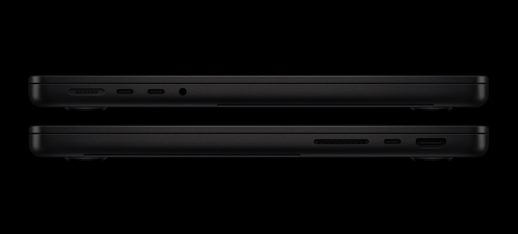 MacBook Pro liidesed – vasak pool: MagSafe, kaks Thunderbolti liidest ja kõrvaklapipesa – parem pool: SDXC, üks Thunderbolti liides ja HDMI