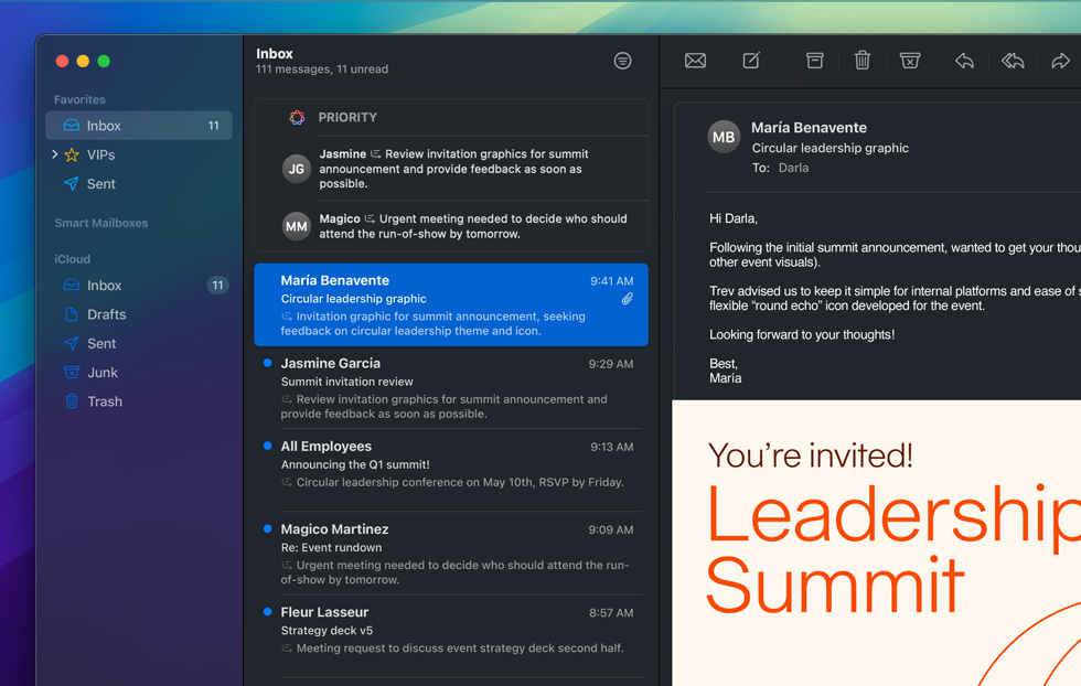 Apple Intelligence'i funktsioon Priority Messages rakenduses Mail – ajatundlikud meilid kogutakse ühte kausta, kus on kokkuvõtted nendele vajalike toimingute kohta. Avatud meilis nõutakse tänaseks kujundusfailide ülevaatamist