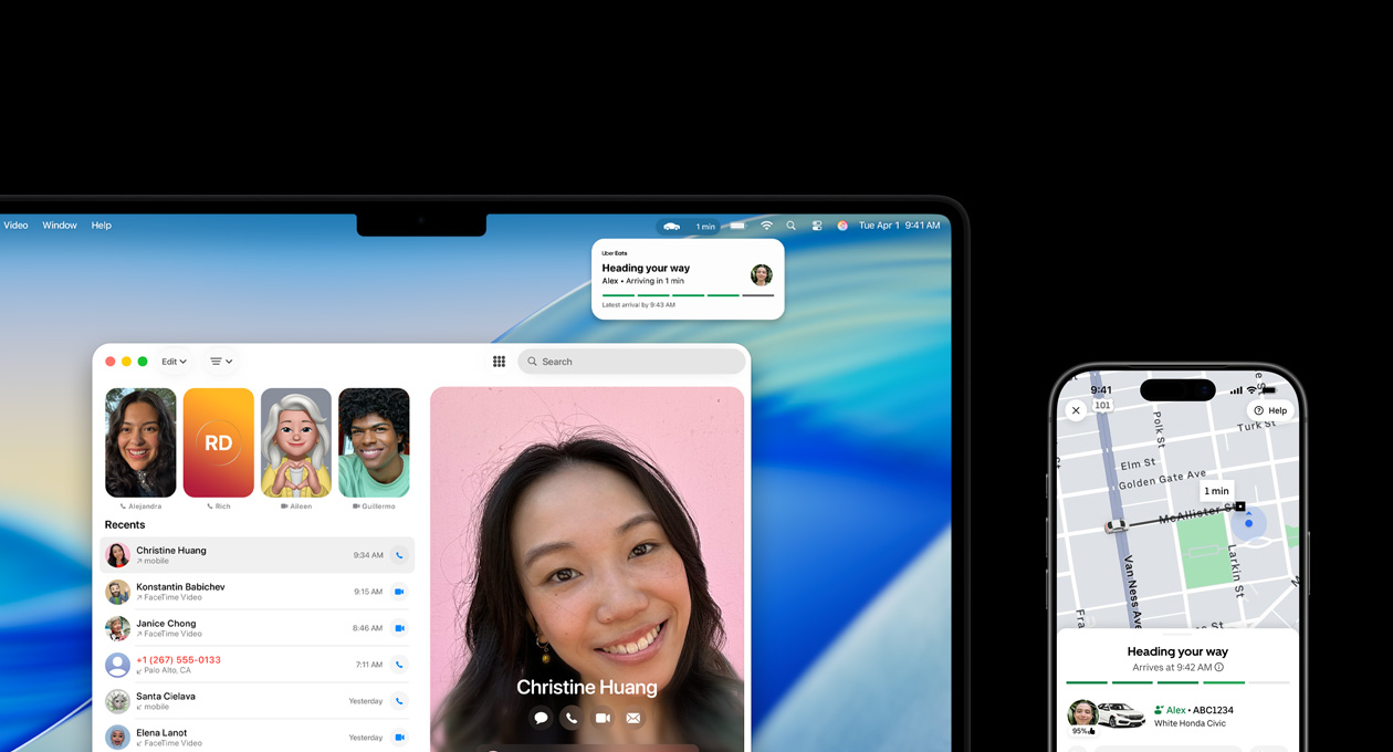 Un MacBook Pro y un iPhone lado a lado, la pantalla del MacBook Pro muestra la app Teléfono y Actividades en Vivo de la app Uber, el iPhone muestra la app Uber