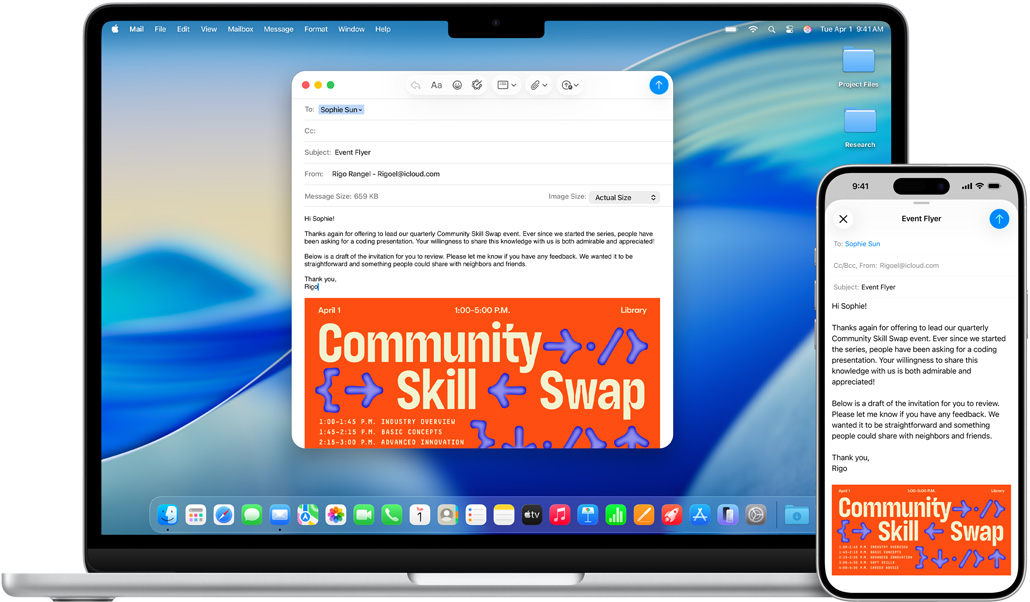 Un iPhone 16 Plus, un MacBook Air de 13 pulgadas, la app Mail abierta, el mismo borrador de email en la pantalla de ambos dispositivos