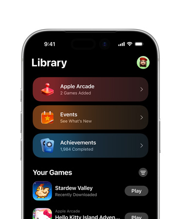 iPhone, top half of screen showing Games app layout, including Library tab, Apple Arcade, Events, Achievements and All Games section